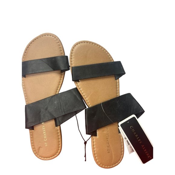 Charles Albert Open-Toe Sandals Black Double Strap Slide on‎ Size Medium - Picture 1 of 4